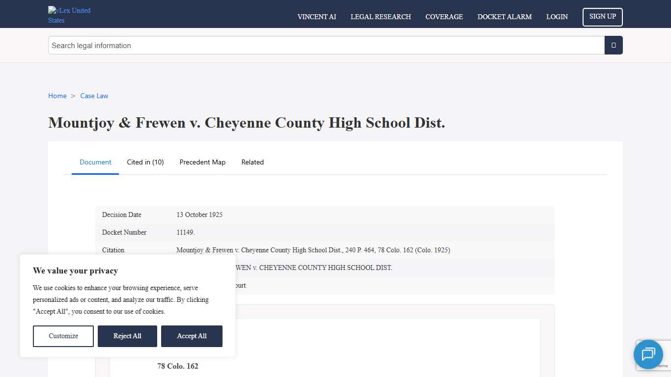 Mountjoy & Frewen v. Cheyenne County High School Dist. (Mountjoy & Frewen v. Cheyenne County High School Dist., 240 P. 464, 78 Colo. 162 (Colo. 1925)) - vLex United States